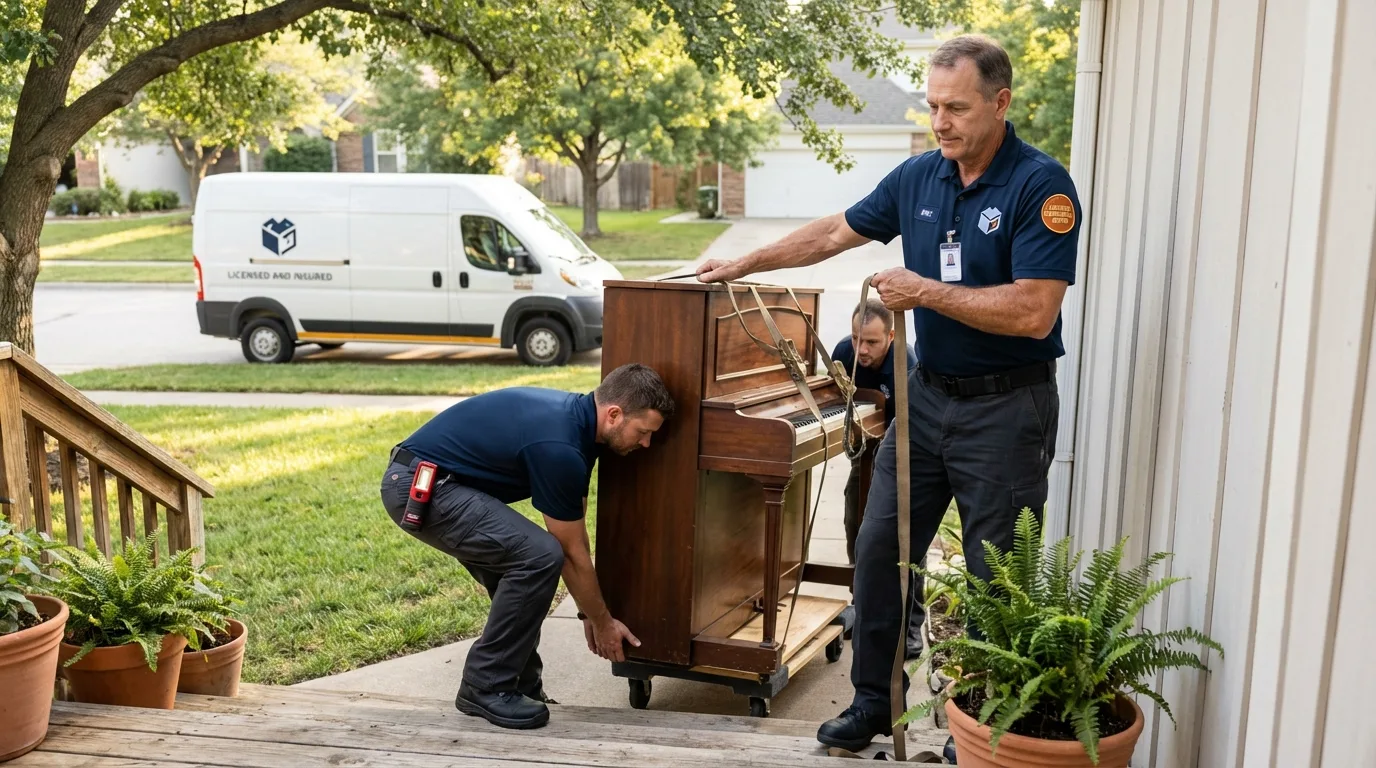 Licensed piano movers securing grand piano in Stockton Springs, ME