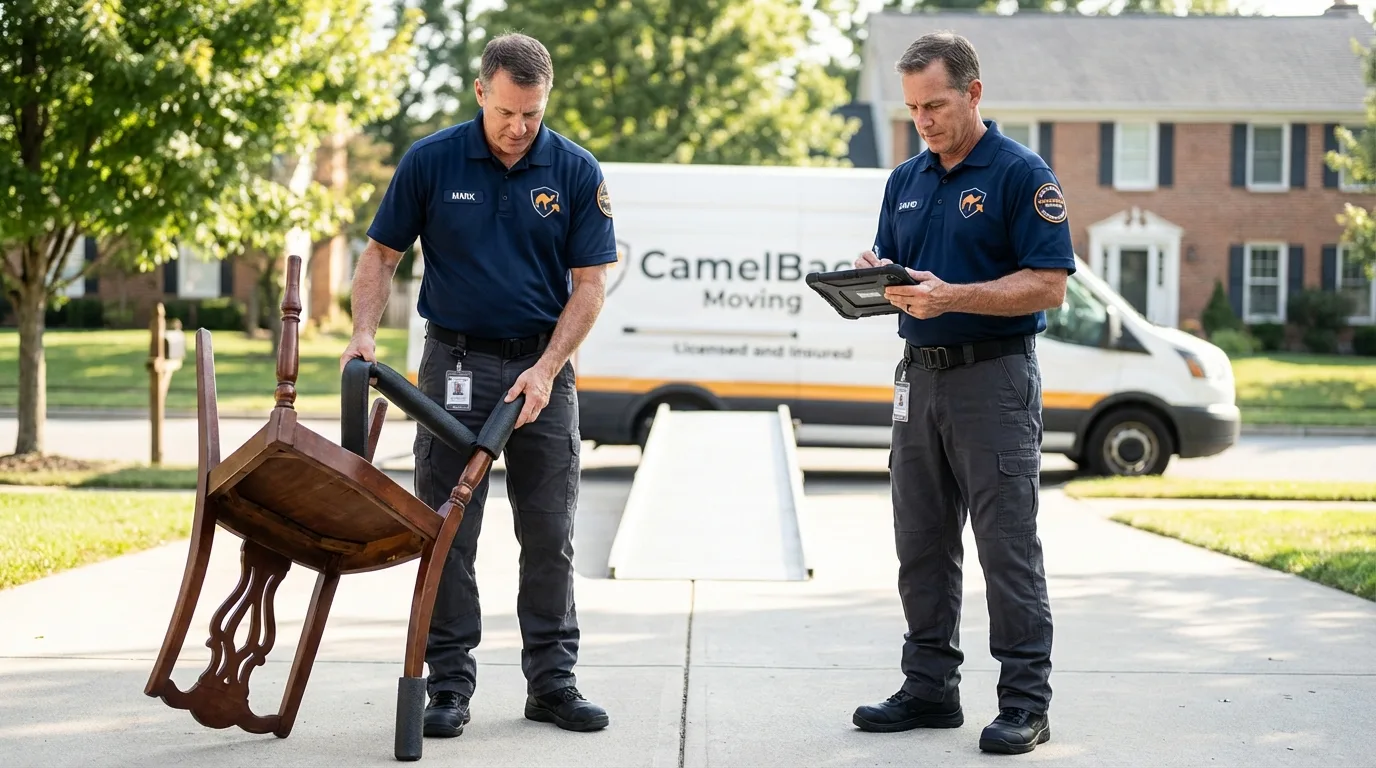 Movers inspecting furniture for damage prevention before loading in Stockton Springs, ME