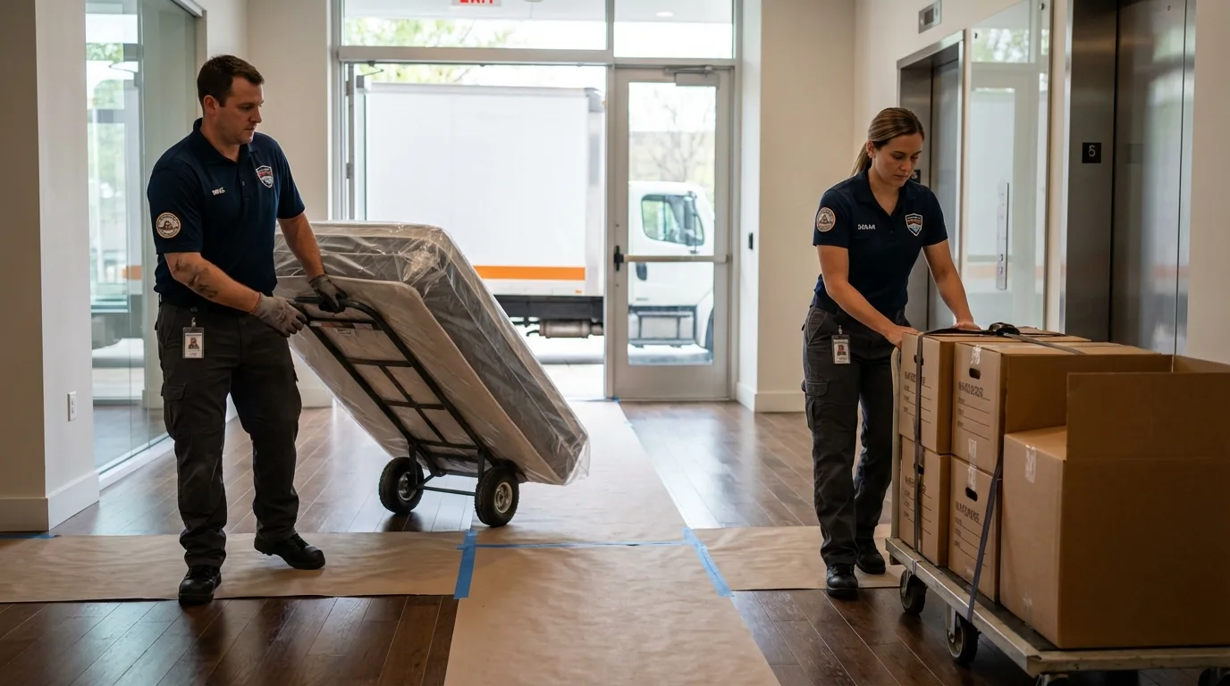 Professional apartment movers loading elevator in Stockton Springs, ME
