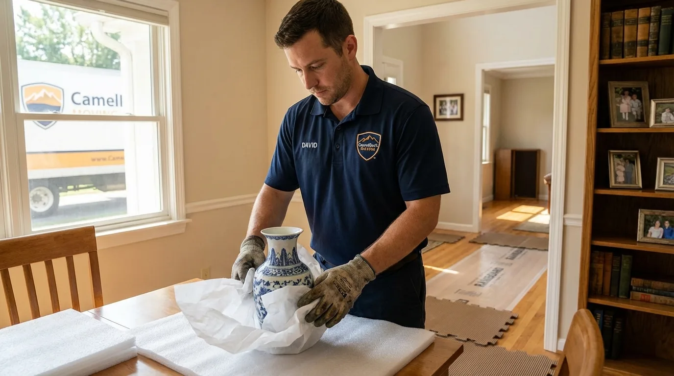 Professional crew carefully wrapping antique vase for senior downsizing move in Stockton Springs, ME